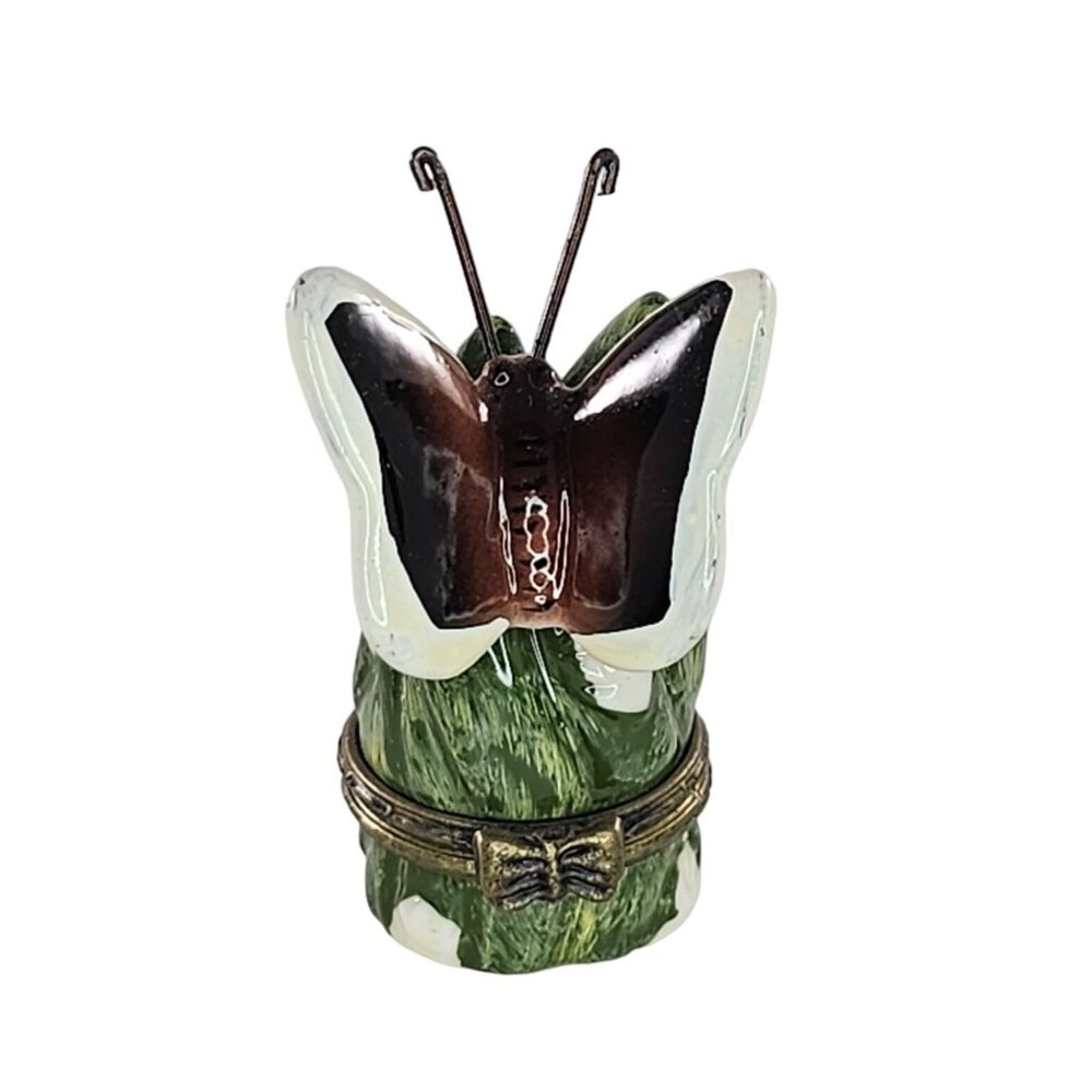 Butterfly Keepsake Hinged Trinket Box Brown Green White